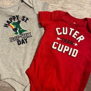 Baby Onesies Set 3-6M Celebrate! "Cuter Than Cupid" & "Happy St. Pat-Rex Day"